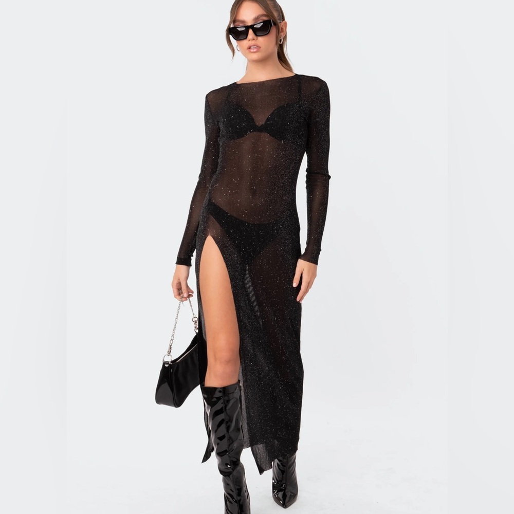 EDIKTED Sparkly Mesh Sheet Maxi Dress with Slit